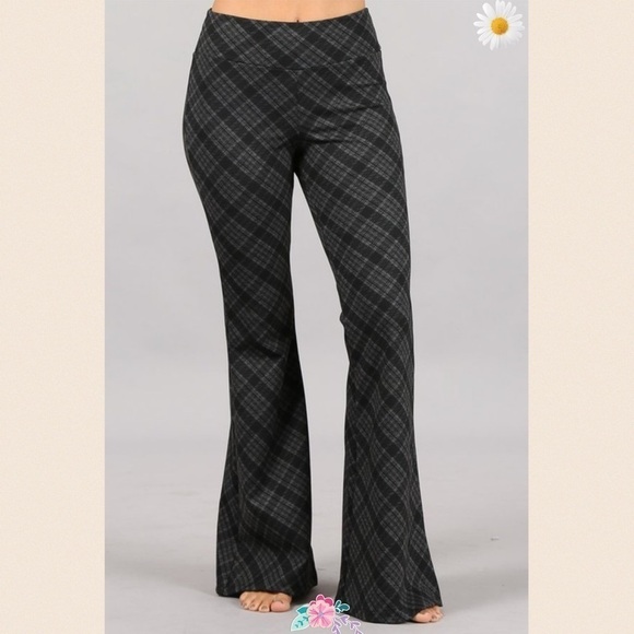 New! Charcoal Grey Plaid Print Bell Bottom Pants - Picture 1 of 4